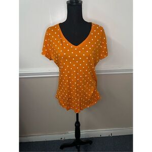 New York & Company Perfect Tee Orange and White Polka Dotted V-neck Size Large